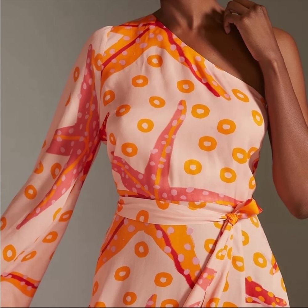 Anthropologie Farm Rio One Shoulder Starfish Maxi Dress Orange Size Small NWT - Picture 2 of 10